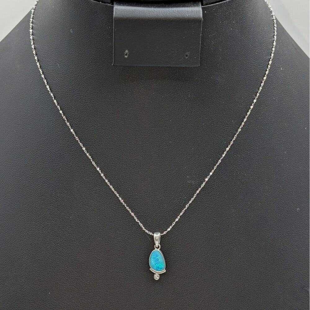 Vtg 925 Sterling Silver Opal White Sapphire Pendant 16" Sparkle Chain Necklace